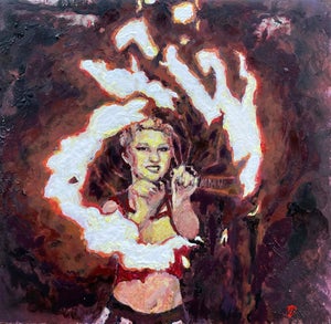 Vera Fire Dancer by Delton Demarest | Mixed Media Artwork of a woman performing with fire.