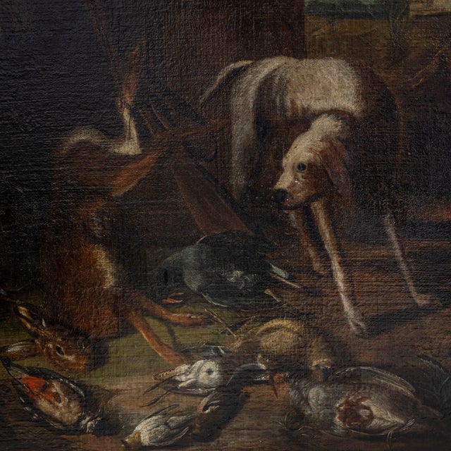 Baroque Artist, Hunting Still Life with Dog, 18th Century, Large Oil on Canvas, Framed For Sale - Image 10 of 14