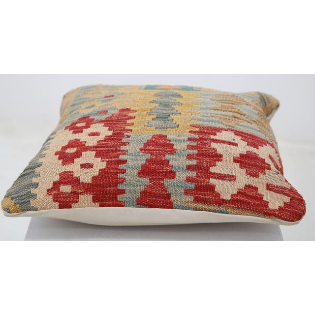 Tribal Arteverk Handwoven Afghan Kilim Pillow — Red & Teal Geometric Patchwork For Sale - Image 3 of 3