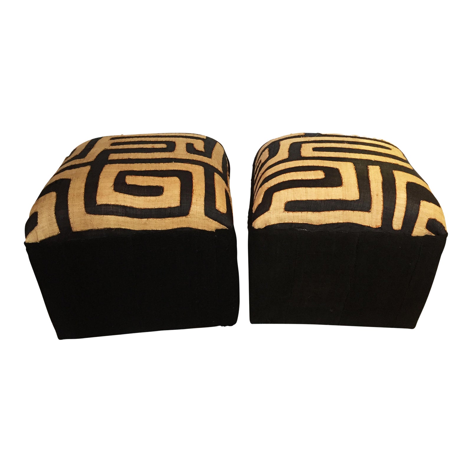 Custom Made African Kuba Textile Mud Cloth Ottomans Pair 18 H