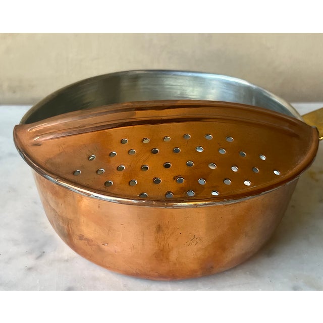 Vintage Tinned Copper Pot With Strainer & Brass Handle For Sale In San Francisco - Image 6 of 9