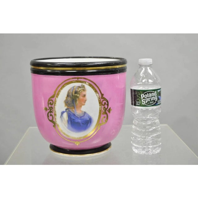 Antique French Victorian Porcelain Pink Hand Painted Portrait Cachepot Jardiniere Vase. Circa Early 20th Century....