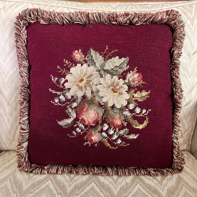 Vintage Burgundy Floral Needlepoint Pillows With Silk Backs, Pair For Sale In Louisville - Image 6 of 10