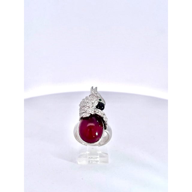 Gemstone Large Oval Ruby Cabochon and Diamond Parrot Ring, Size 6.5 For Sale - Image 7 of 9