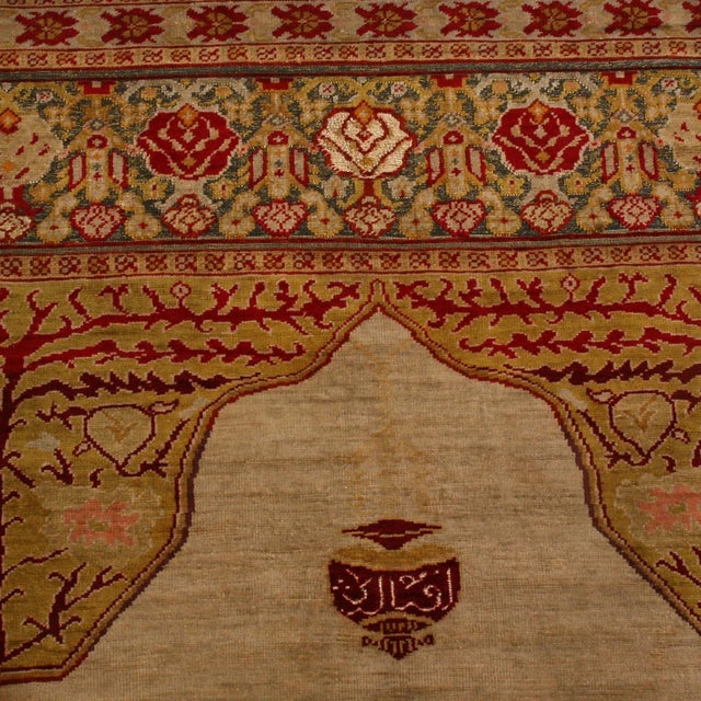 Antique Hereke Golden-Beige and Red Floral Silk Rug For Sale - Image 4 of 6