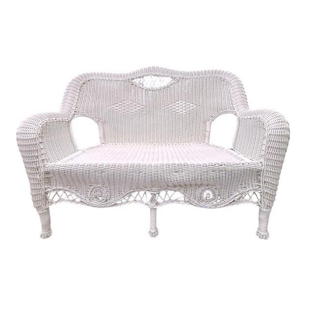 Henry Link Vintage White Wicker Outdoor Settee With Blue Stripe Cushion For Sale - Image 4 of 8