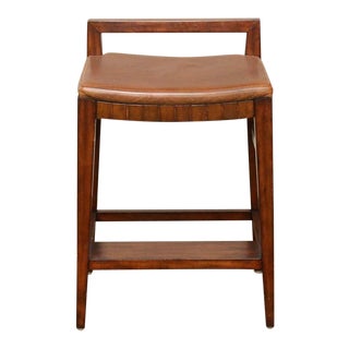 Henredon Acquisitions Cherry Wood Bar Stool with Distressed Cameo Brown Leather Seat For Sale