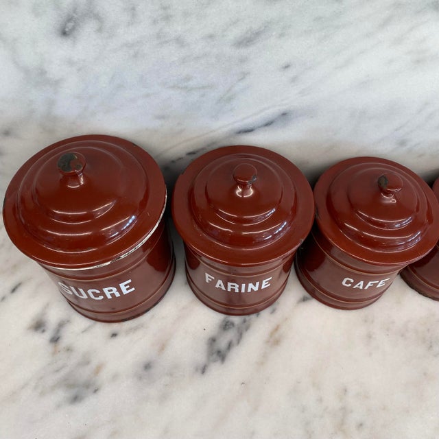 Set of Five French Reddish Brown Enamel Kitchen Canisters With Original Lids For Sale - Image 11 of 18