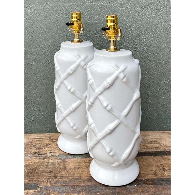 Vintage Bamboo Trellis Glazed Ceramic Lamps For Sale In West Palm - Image 6 of 12