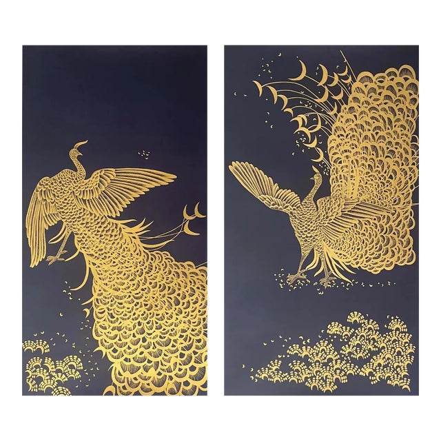 Hand-Painted Chinoiserie Peacock Mural - Navy Blue & Gold Wallpaper for Luxury Entryway, Customizable For Sale