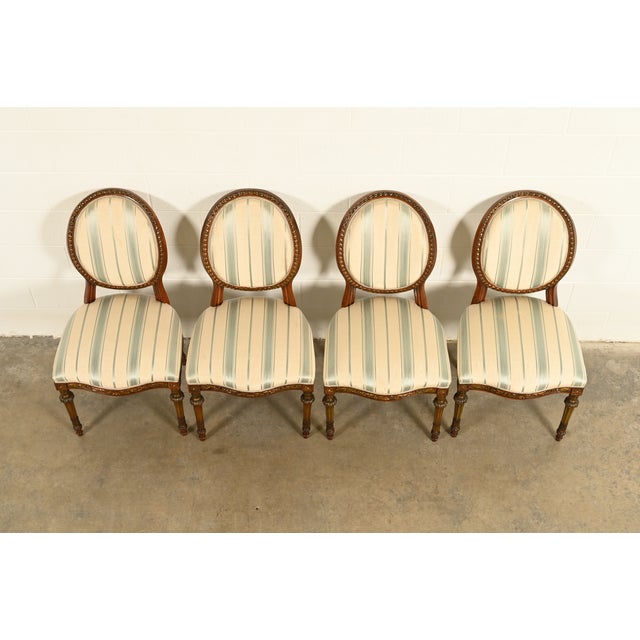1960s Karges Style French Regency Louis XVI Carved Mahogany and Gold Gilt Dining Chairs, Set of Four For Sale - Image 5 of 12