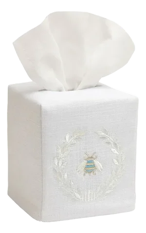 Cream Napoleon Bee Wreath Tissue Box Cover in White Linen & Cotton, Embroidered