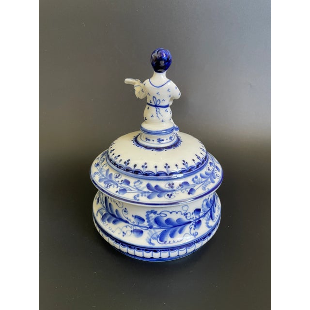 Folk Art Vintage Gzhel Porcelain Lidded Trinket Box With Woman Play Guitar Finial For Sale - Image 3 of 13