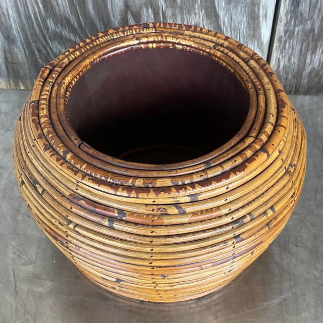 Coastal Vintage Costal Pencil Reed Low Lidded Urn For Sale - Image 3 of 8