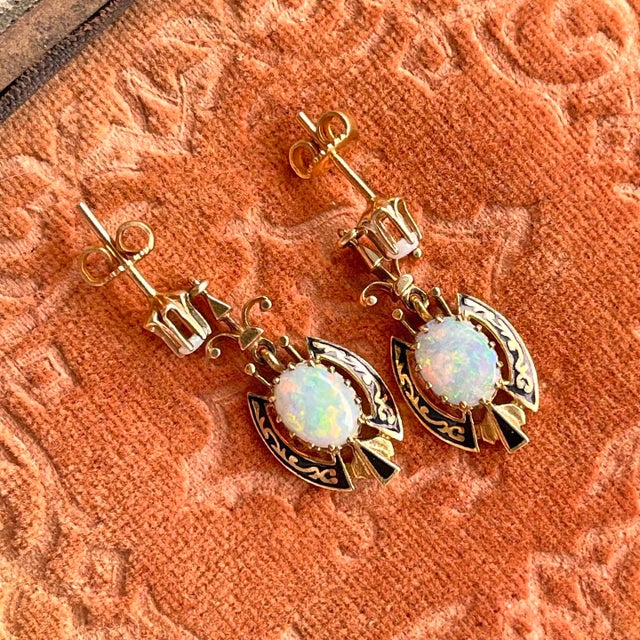 Victorian 14k Gold Opal Black Enamel Earrings - 2 Pieces For Sale - Image 10 of 11