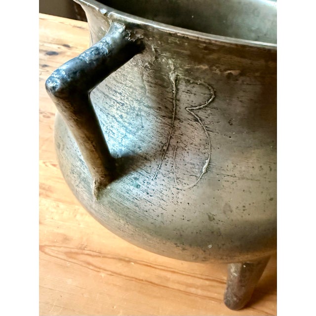 Rustic European Antique Continental 1600s Bronze European Posnet, Cauldron Cast in Two Parts With Angular Handles and Tripod Feet, Maker’s Initials ‘A B’ For Sale - Image 3 of 12