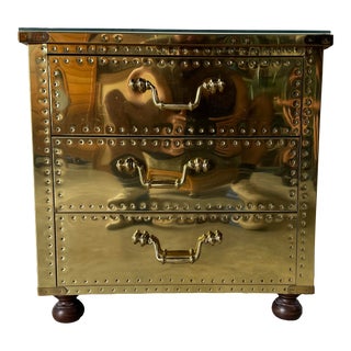 1980s Vintage Sarried Brass-Clad Three Drawer Nightstand For Sale