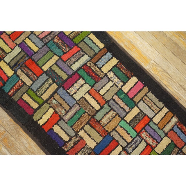 1920s Multicolor Basket Weave Antique American Hooked Rug 2' 2" X 11' 8" Cotton Wool Carpet For Sale - Image 11 of 18