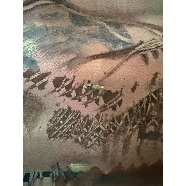 Mid-Century Abstracted Watercolor &Amp; Wax-Resist Mountain Landscape by Mina Tabuena. For Sale - Image 11 of 12