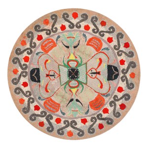 1920s Gray Medallion Round Folk Art Antique American Hooked Rug 6'2" X 6'5" Handknotted Wool Carpet