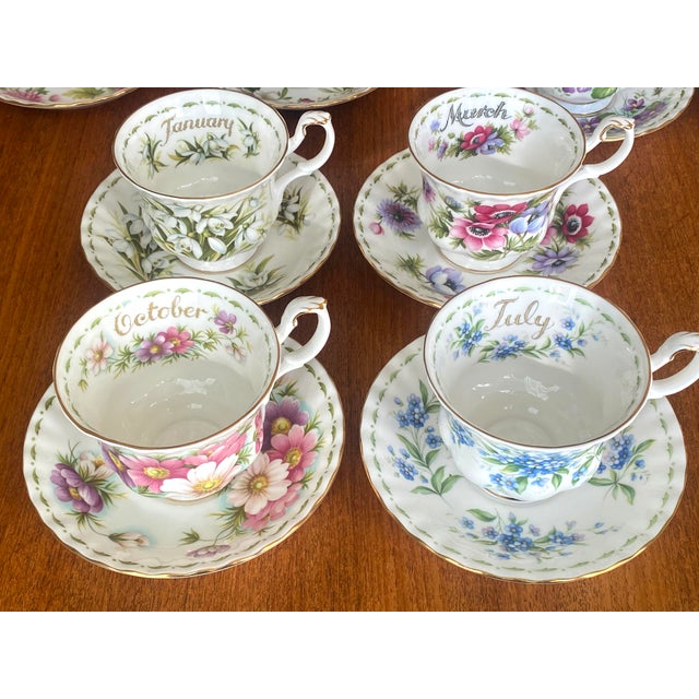 English Porcelain Tea Service with Flower of the Month Pattern from Royal Albert, England, 1970s, Set of 24 For Sale - Image 4 of 8