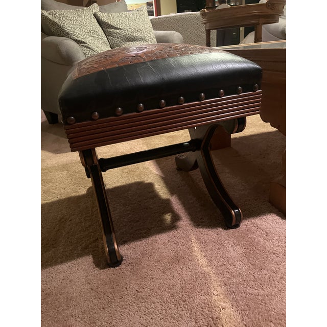 Rustic Western Stool With Two Tone Leather For Sale - Image 3 of 4