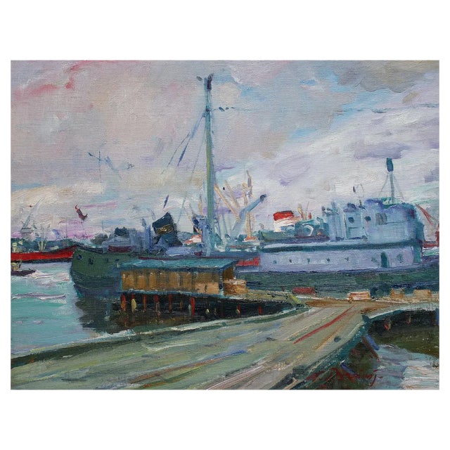 Nikolajs Breikss, Port, Big Ship, 1964, Oil on Cardboard For Sale