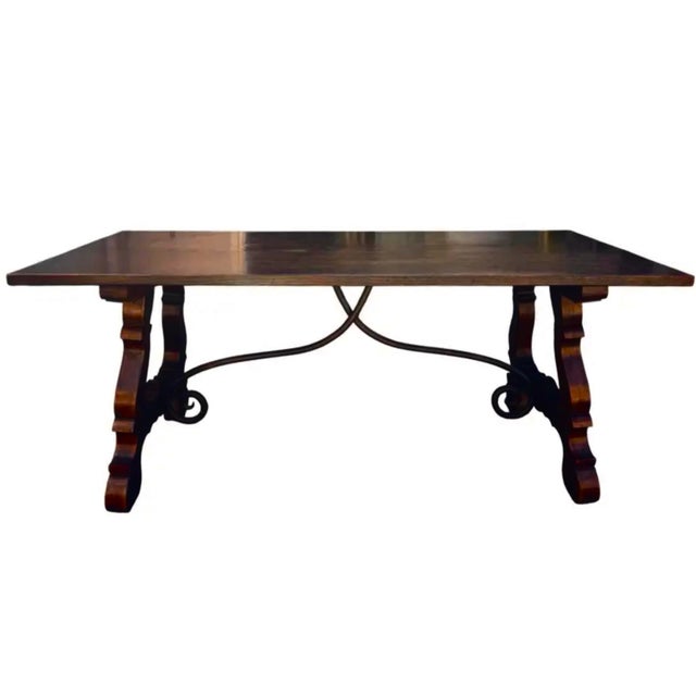 19th Century Antique Walnut & Wrought Iron Trestle Table For Sale - Image 5 of 7