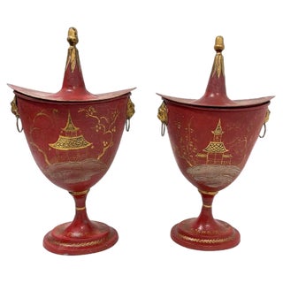 Dutch Chestnut Urns with Chinoiserie Decoration, 19th Century, Set of 2 For Sale