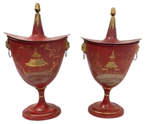 Dutch Chestnut Urns with Chinoiserie Decoration, 19th Century, Set of 2