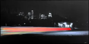 "Bob's Market III" Contemporary Nighttime Abstract Cityscape Mixed-Media Painting by Pete Kasprzak