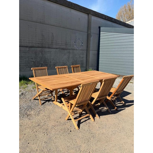 Rectangular Extendable Teak Garden Table and Folding Chairs, Set of 7 For Sale - Image 10 of 10