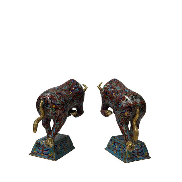Metal Pair Vintage Chinese Cloisonne Enamel Crimson Red Dynamic Bull Figures For Sale - Image 7 of 7