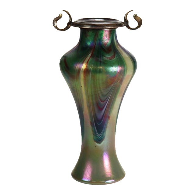 Antique Rindskopf Attr Art Nouveau Pulled Feather Art Glass & Silver Vase C1920 For Sale