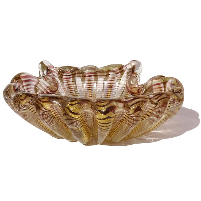 Mid-Century Modern Murano Barovier Toso Vintage Purple Swirl Gold Flecks Italian Art Glass Decorative Ribbed Seashell Ashtray Bowl For Sale - Image 3 of 9