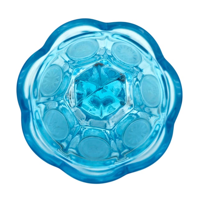 Glass Fostoria Aqua Ice Blue Coin Glass Covered Candy Jar With Finial Lid For Sale - Image 7 of 13