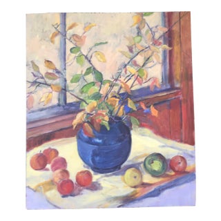 Mid Century Still Life of Blue Vase With Floral Bouquet Listed American Artis H MacWilliams Signed For Sale