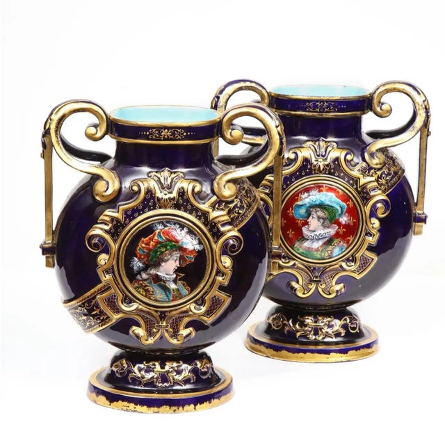 Traditional Pair of Late 19th Century Cobalt Blue Porcelain and Limoges Enamel Portrait Vases For Sale - Image 3 of 12