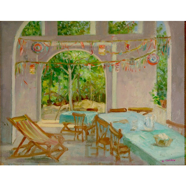 A refined and luminous interior scene attributed to Alfredo Mahieux, depicting a peaceful terrace in Ischia during the...