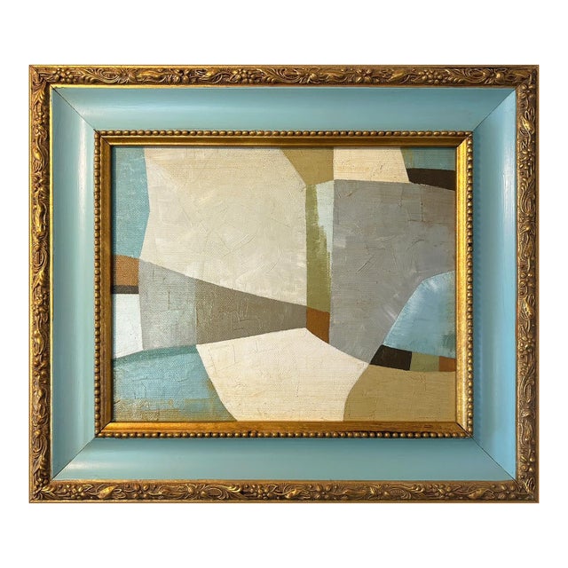 Contemporary Abstract Oil Painting in Vintage Blue Painted Frame For Sale