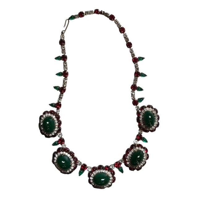 Vintage Red and Green Rhinestone Necklace For Sale