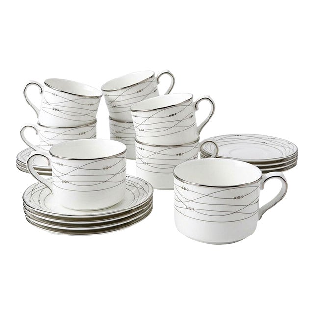 2000s Royal Doulton Precious Platinum Bone China Flat Cups & Saucers - Set of 8 For Sale