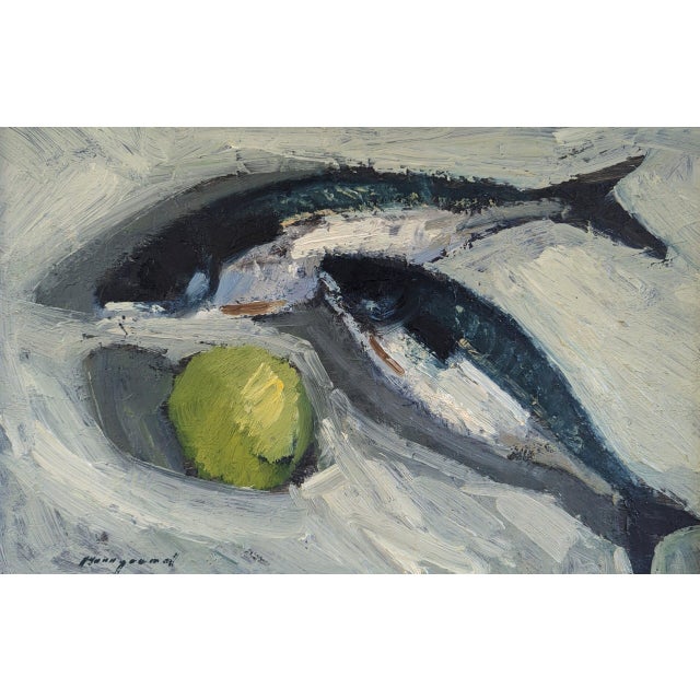 Mid-Century Modern 'Fish & Apple' Vintage Swedish Original Still Life Oil Painting, Framed For Sale - Image 11 of 12