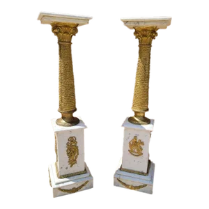 Antique French Empire Brass Corinthian Columned With Figural Ormolu White Carrara Marble Pedestals - Pair