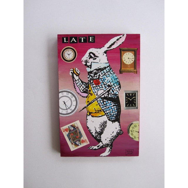 This mixed-media collage features a whimsical rabbit dressed in a dapper outfit, surrounded by an array of clocks that...