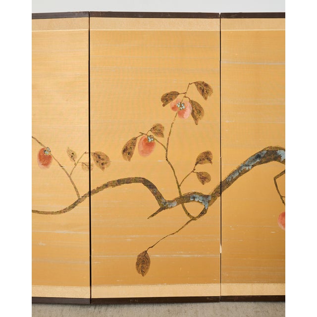 Japanese Showa Four Panel Screen Persimmon Branch in Snow For Sale In Sacramento - Image 6 of 18