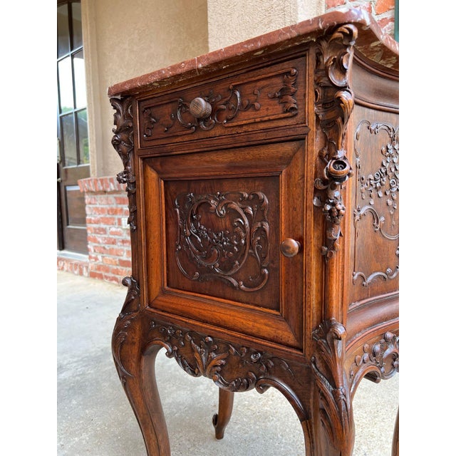 Antique French Nightstand Cabinet Marble Top Louis XV Carved Walnut C1890 For Sale - Image 4 of 18