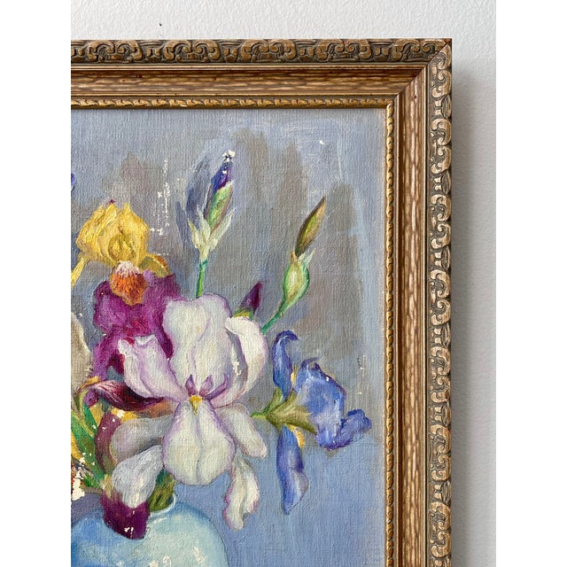 Early 20th Century Early 20th Century Oil Painting Colorful Still Life of Irises in a Blue Vase For Sale - Image 5 of 15