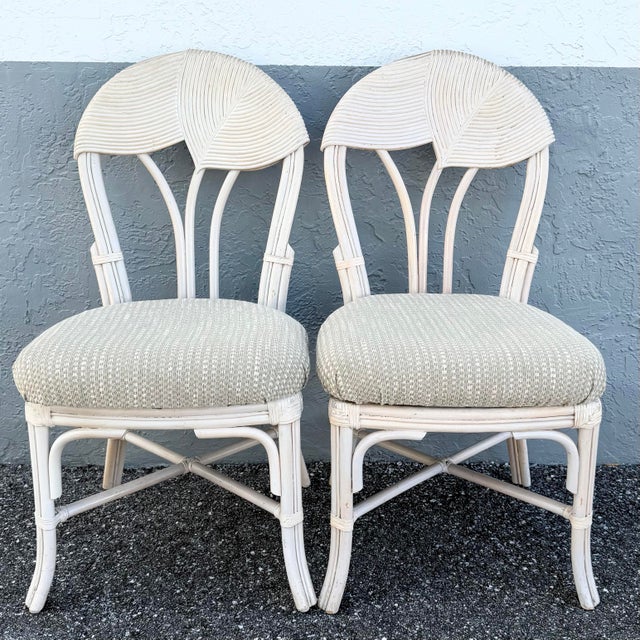 Boho Chic Boho Chic Sculpted Pencil Reed Leaf Back Rattan Dining Chairs - Set of 4 For Sale - Image 3 of 10