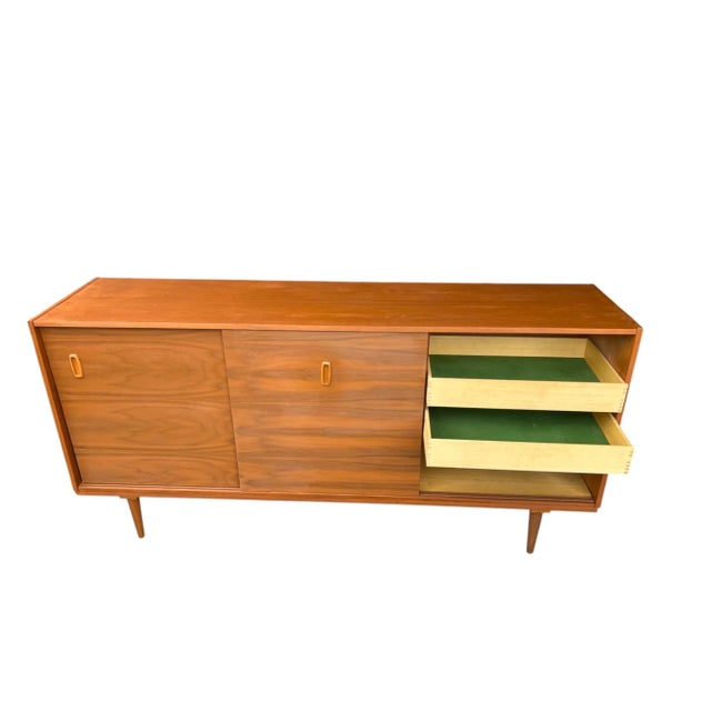 Danish Modern Scandinavian Walnut Credenza – Sliding Doors, Recessed Pulls, Restored For Sale - Image 9 of 14
